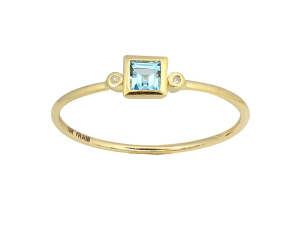 Square Bezel Set Genuine Birthstone Ring With Diamonds