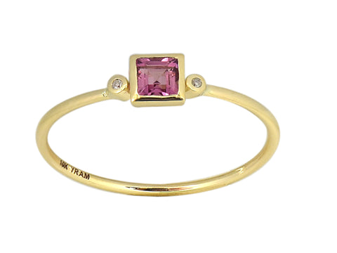 Square Bezel Set Genuine Birthstone Ring With Diamonds