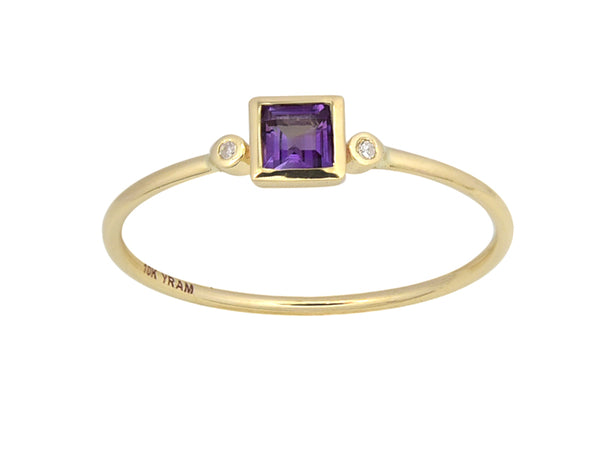 Square Bezel Set Genuine Birthstone Ring With Diamonds