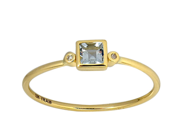 Square Bezel Set Genuine Birthstone Ring With Diamonds