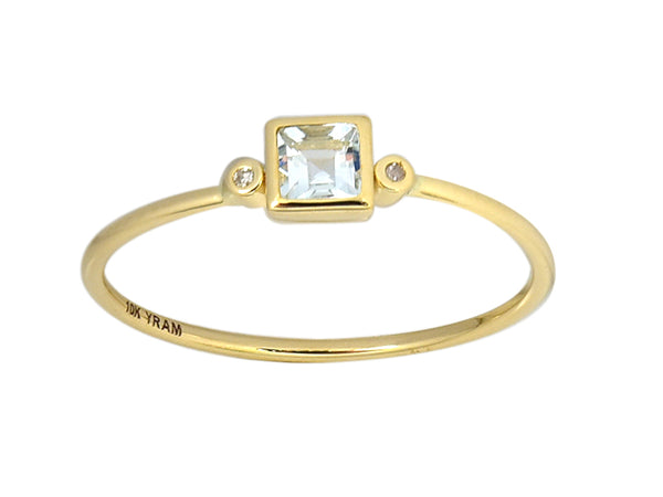 Square Bezel Set Genuine Birthstone Ring With Diamonds