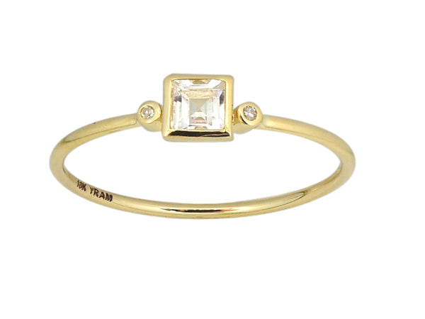 Square Bezel Set Genuine Birthstone Ring With Diamonds