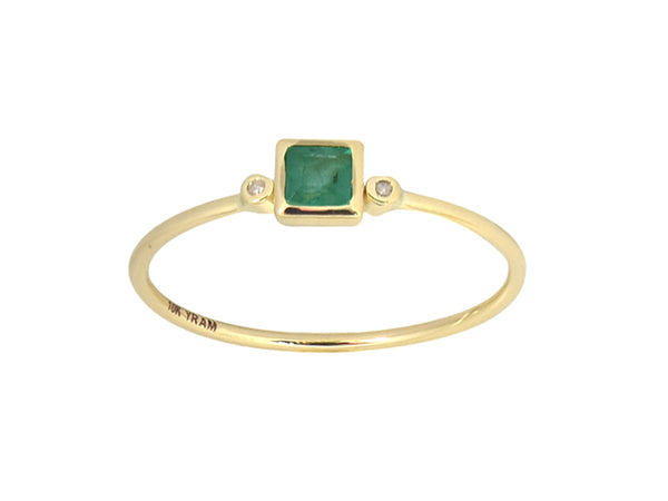 Square Bezel Set Genuine Birthstone Ring With Diamonds