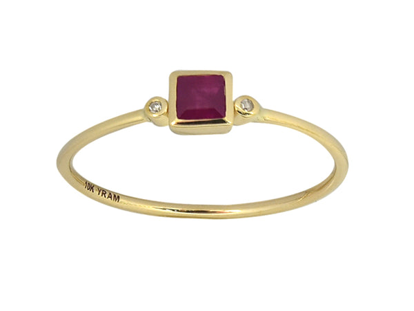 Square Bezel Set Genuine Birthstone Ring With Diamonds