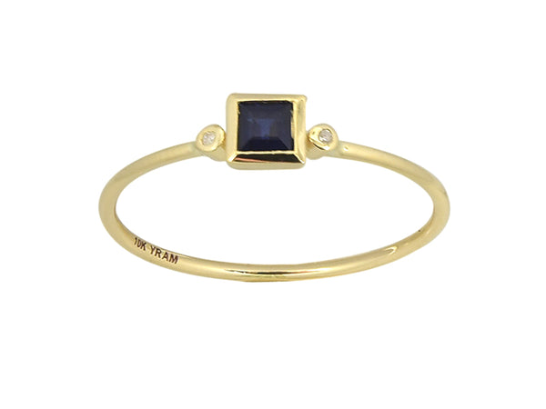 Square Bezel Set Genuine Birthstone Ring With Diamonds